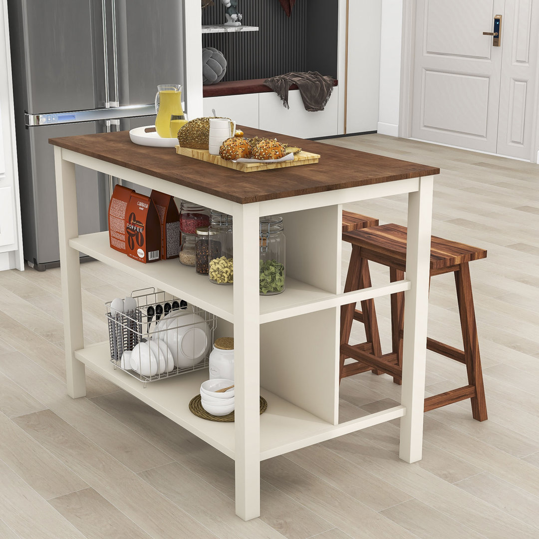 3-Piece Stationary Kitchen Island Set with 2 Stools, Rubber Wood Top Dining Table Set with 2 Shelves Red Barrel Studio® Base 