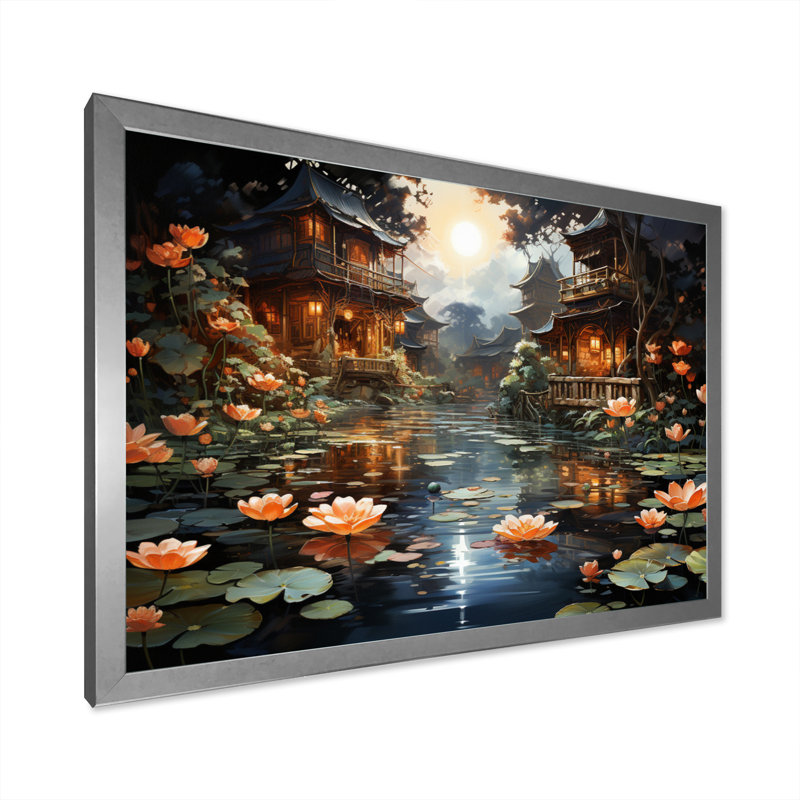 «Mariannah China Art Lotus Lantern II», reproduction, H 34 po x l 44 po x P 1,5 po, Cadre simple argenté