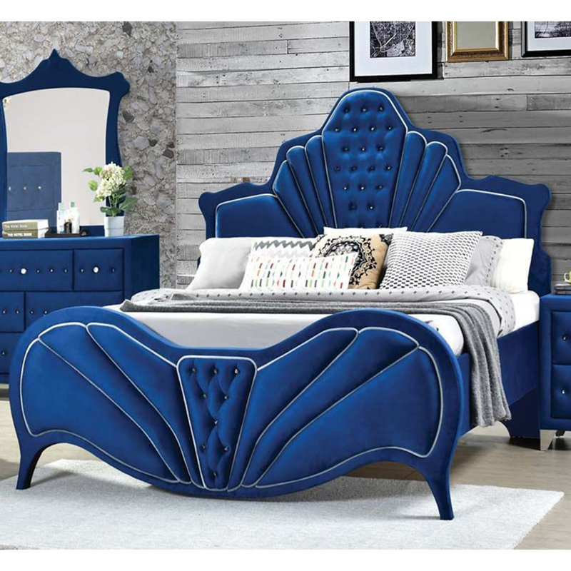 Lit plateforme touffeté Vidrine, Grand, Bleu