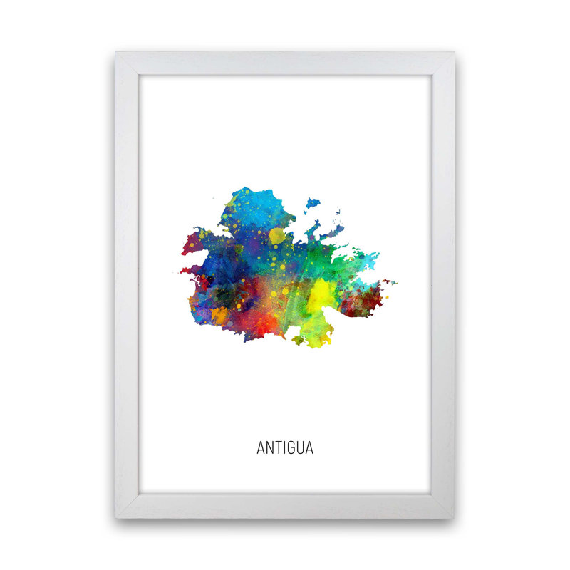 Antigua Watercolour Map by Michael Tompsett - Print, White Framed, 88cm H x 64cm W x 3cm D