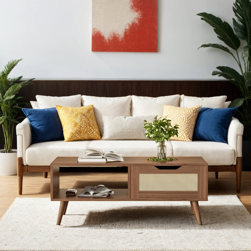 Table basse en rotin 39 po, table basse avec tiroir et tablette Boho, Brun
