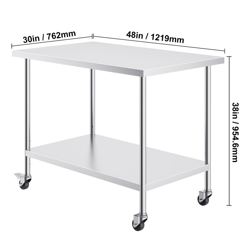 Table de travail en acier inoxydable, hauteur de 38 pouces, tablette réglable, roulettes incluses