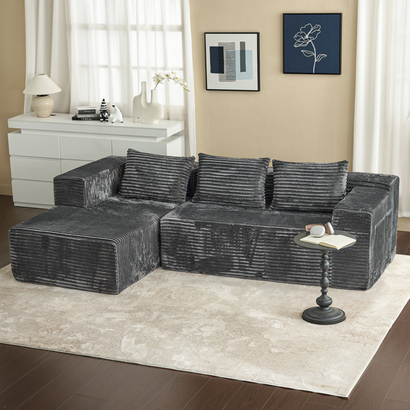 Boneless L-Shaped Deep Seat Modular Sectional Sofa, Corduroy Upholstered Cloud Boneless Couches With Side Pockets