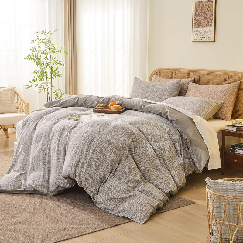 100% Cotton Yarn-Dyed Jacquard Duvet Floral Duvet Cover Set, Queen Duvet Cover + 2 Standard Pillowcases, Gray Geometric Check
