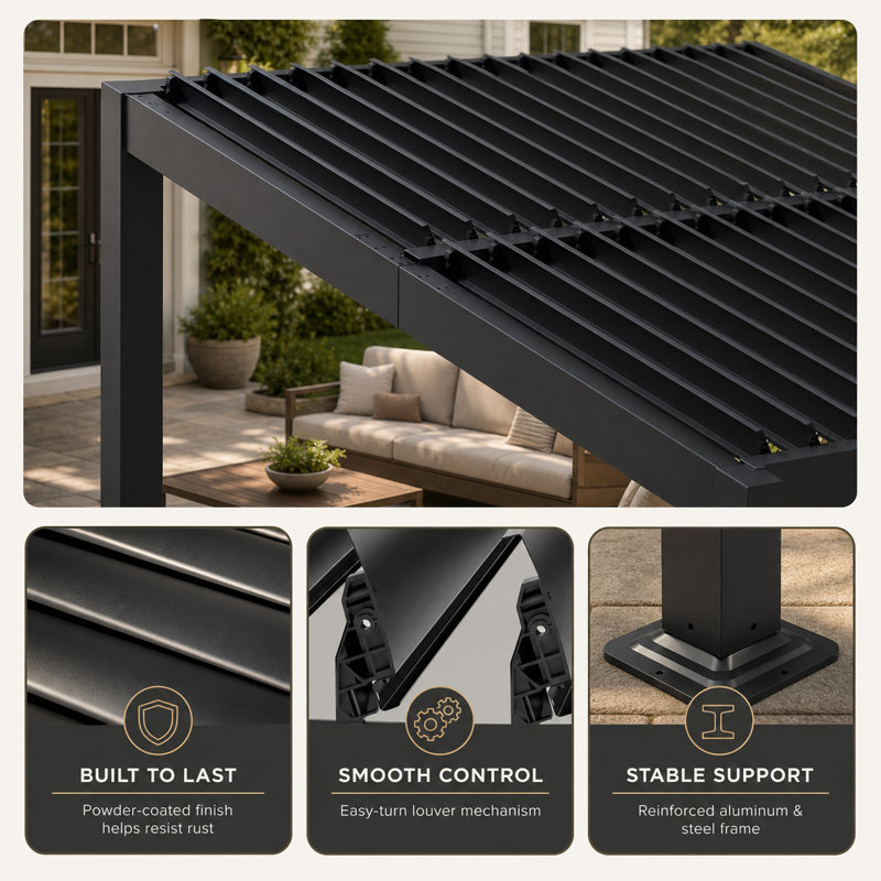 Pergola à auvent noir FLISE 10 pi x 12 pi avec toit réglable, gouttière intégrée et cadre prêt pour les rideaux, Noir