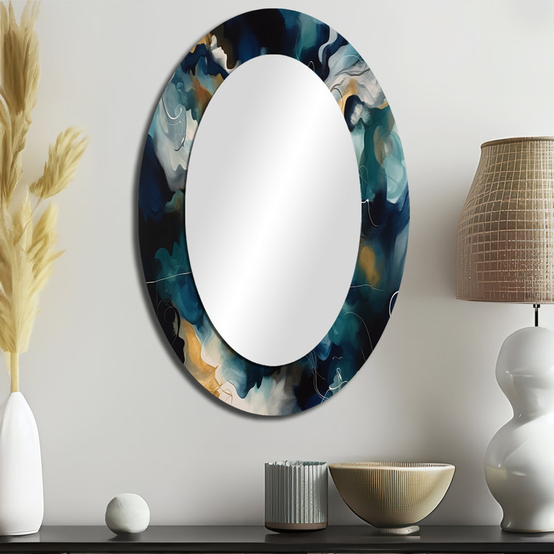 Mouvement artistique bleu et blanc - Miroir décoratif ovale abstrait sur métal, 36 po x 24 po