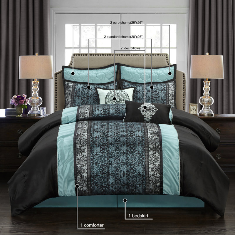 Arabesque 8 Piece Traditional Comforter Set, California King Comforter + 7 Additional Pieces, Blue/Gray/Black