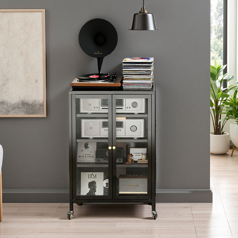 Armoire de rangement multimédia haute 35,8 po avec roulettes, meuble télé stéréo AV avec 4 tablettes et porte réglables en verre, structure en acier robuste pour le salon