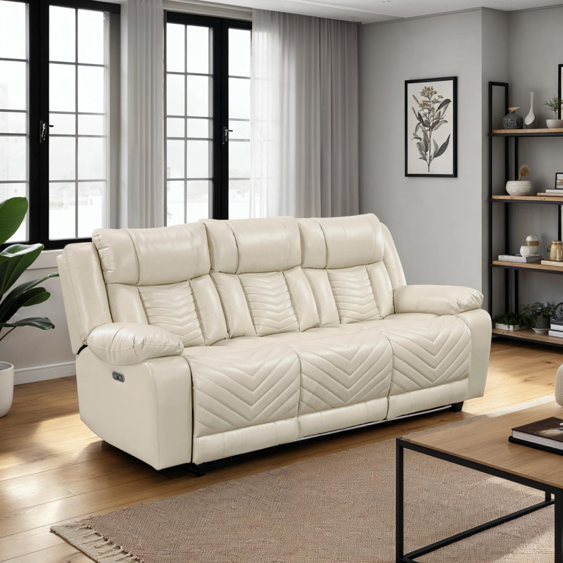 Canapé inclinable électrique en similicuir de 87 po avec table rabattable, chargeur sans fil, ports USB, éclairage DEL et porte-gobelets Marlow.