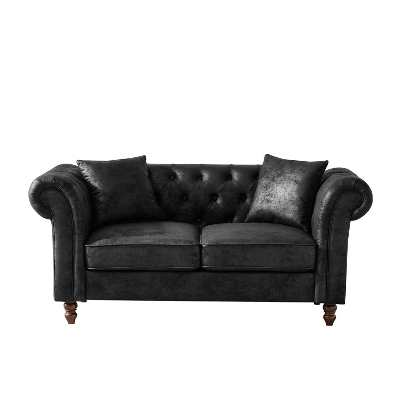 Fauteuil à 2 places moderne noir Mid-Century de 66 po avec structure en bois massif et en tissu de haute technologie, accoudoirs roulés, convient à un appartement, siège mi-moelleux, coussins décoratifs noirs, conception européenne