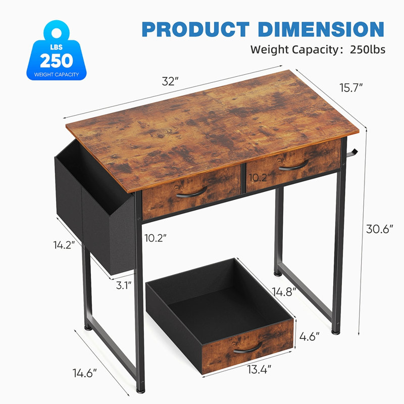 Bureau d'ordinateur Petit bureau pour chambre à coucher Bureau d'écriture pour bureau avec espace de rangement Sac en tissu pour sac d'écouteur