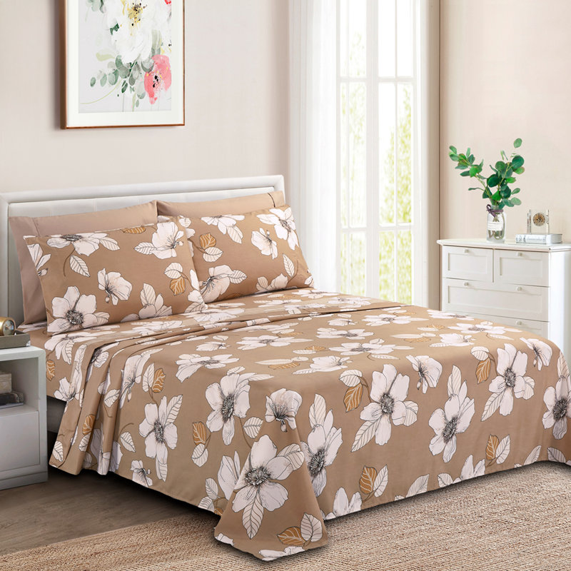 Marina Decoration Home Decor Bedding Bedroom Bedsheet Soft Silky Deep Pocket Rayon from Bamboo All Season 4 Pieces Printed Sheet Set with 2 Pillowcases, Taupe Beige Elegant Floral Pattern Twin/Single