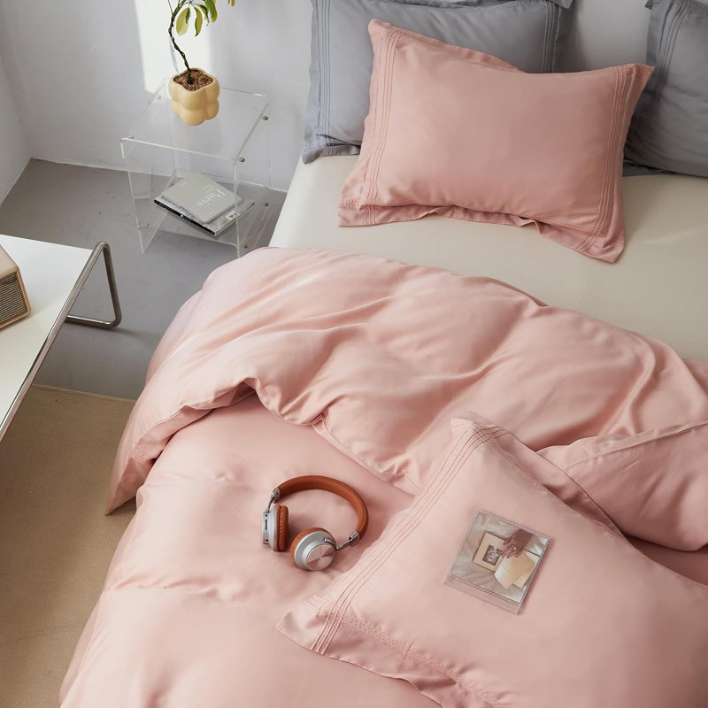 Ensemble de housse de couette 100% eucalyptus Lyocell Tencel, Housse de couette très grand et 2 très grandes t, Pink