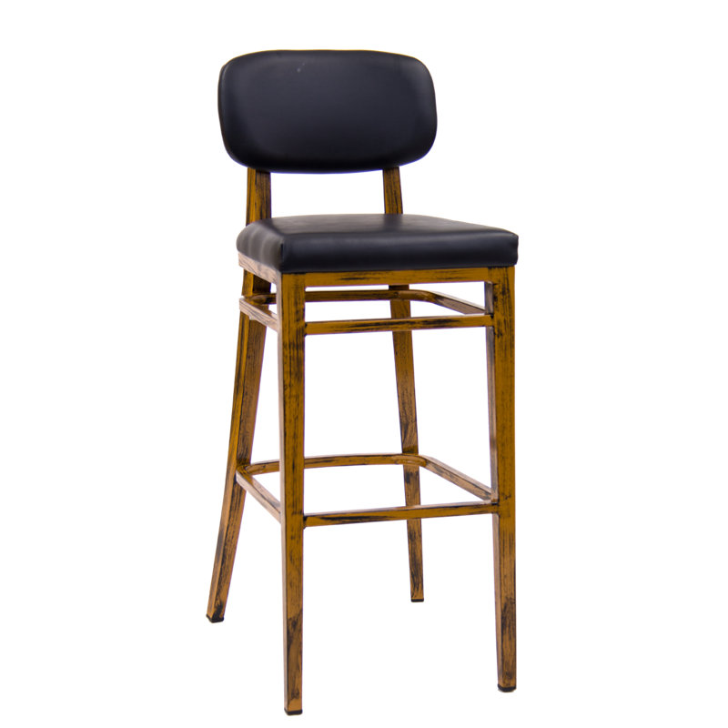 Tabouret de bar d'intérieur en métal grain de bois avec siège et dossier en vinyle noir