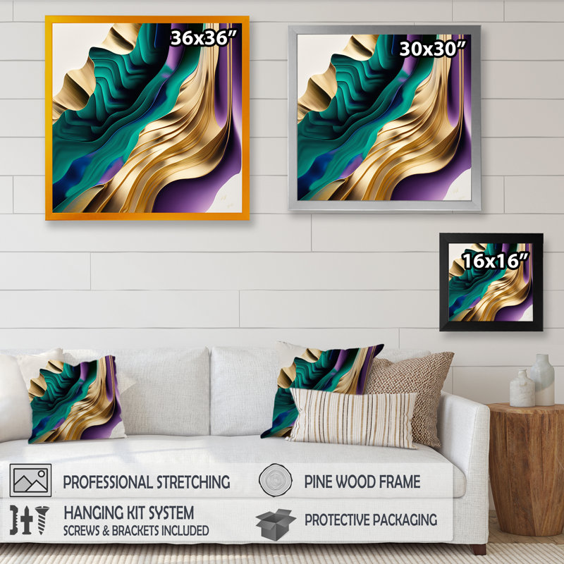 Mauve, vert et or, "Bold Strokes III", art mural abstrait, H 24 po x l 24 po x P 1 po, Cadre photo noir
