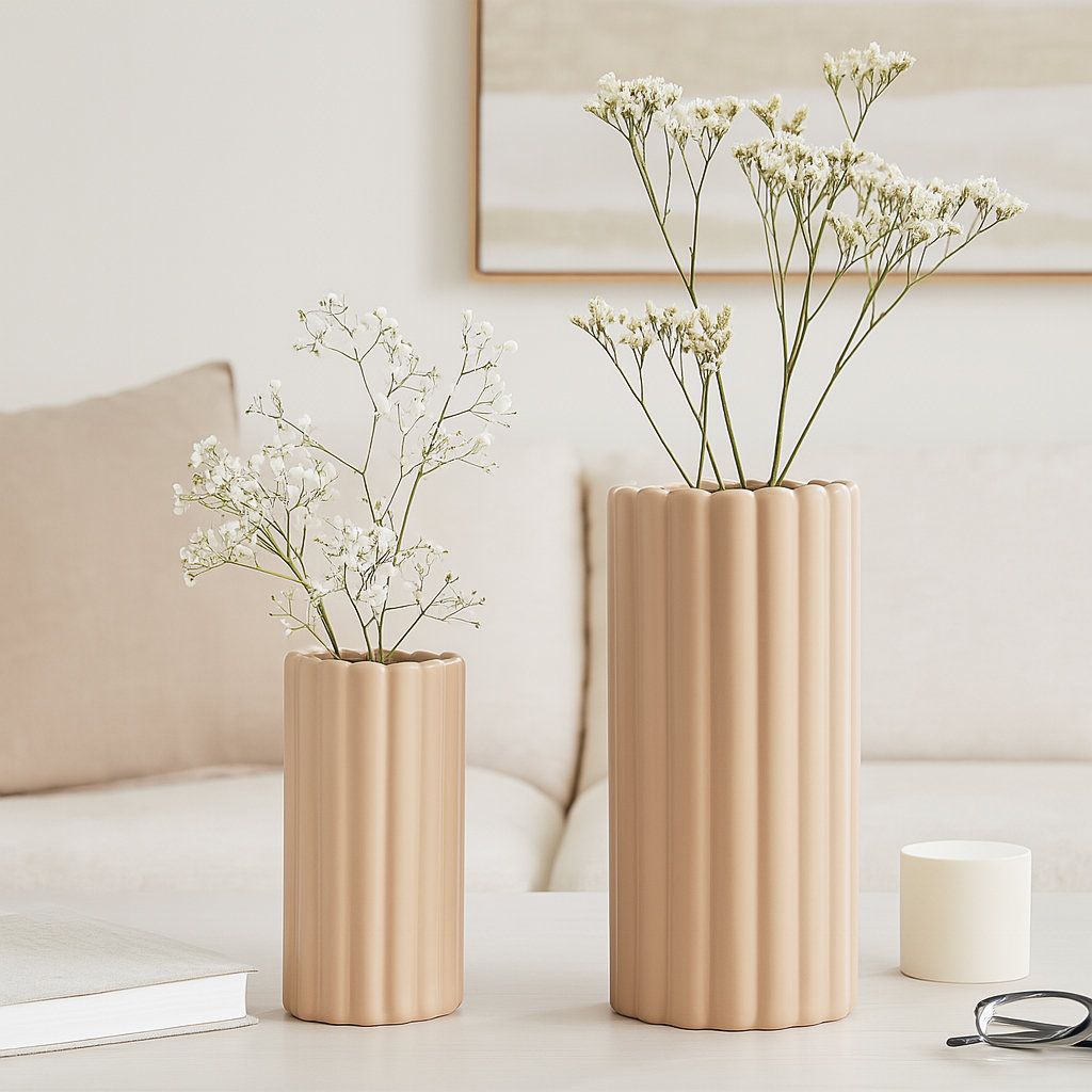 Kyrie Chic Sculpted Vase, Set of 2, Ribbed Cream
