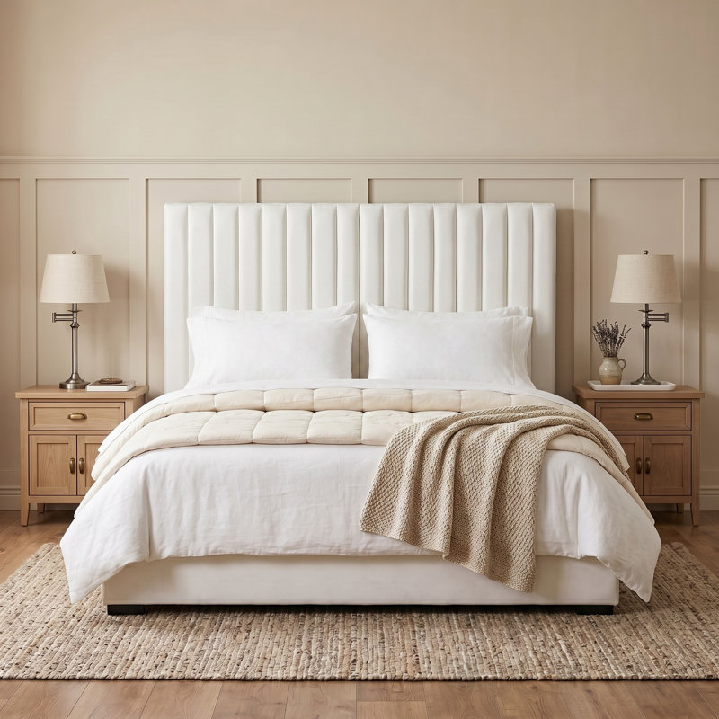 Extra Tall Channel Tufted Upholstered Bed, King, Velvet, Cream, King