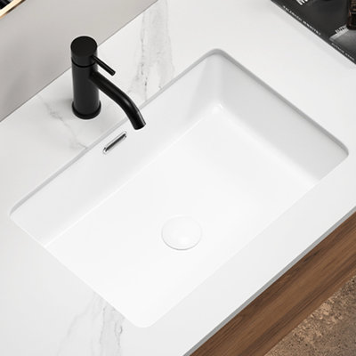 22 *15 Inch White Ceramic Rectangular Undermount Bathroom Sink, High - Quality, Minimalist, Smooth Finish, Overflow, Easy Setup, Under Counter Installation For Vanity 15 Inch Width, Length, Fired,