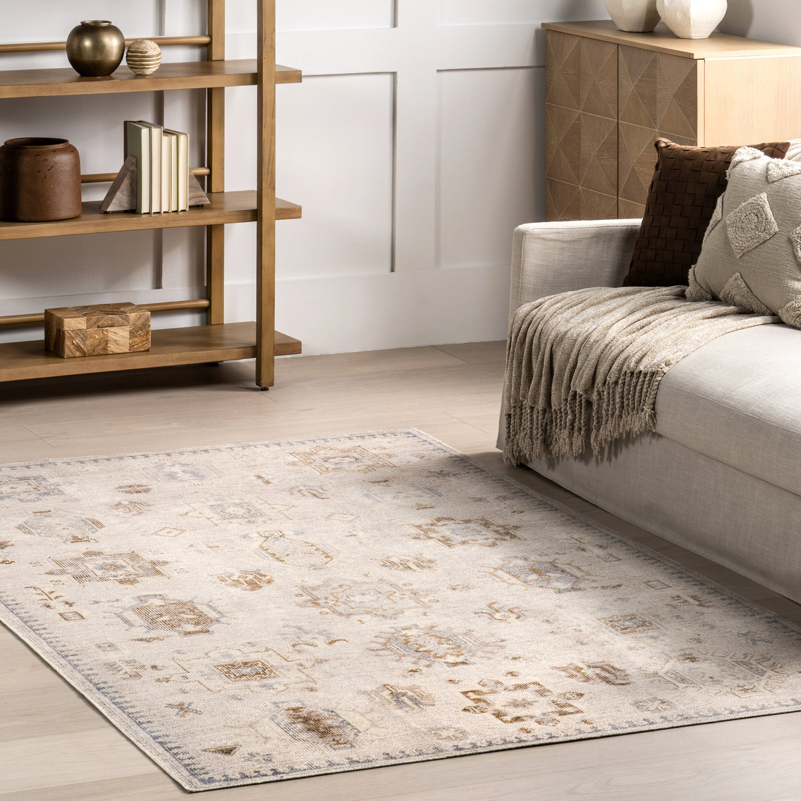 Beige Ivory Machine Washable Oriental Rug, Rectangle 4' x 6'