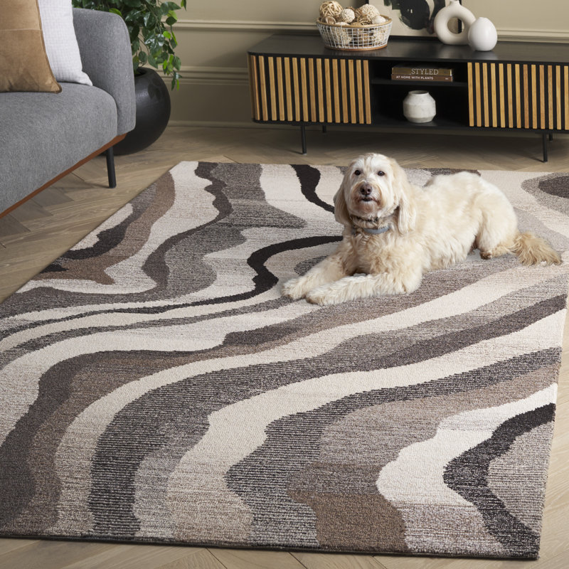 Natajah Ebony Hand Tufted Wool Cotton Abstract Rug in Grey/Ivory, Rectangle 4' x 6'