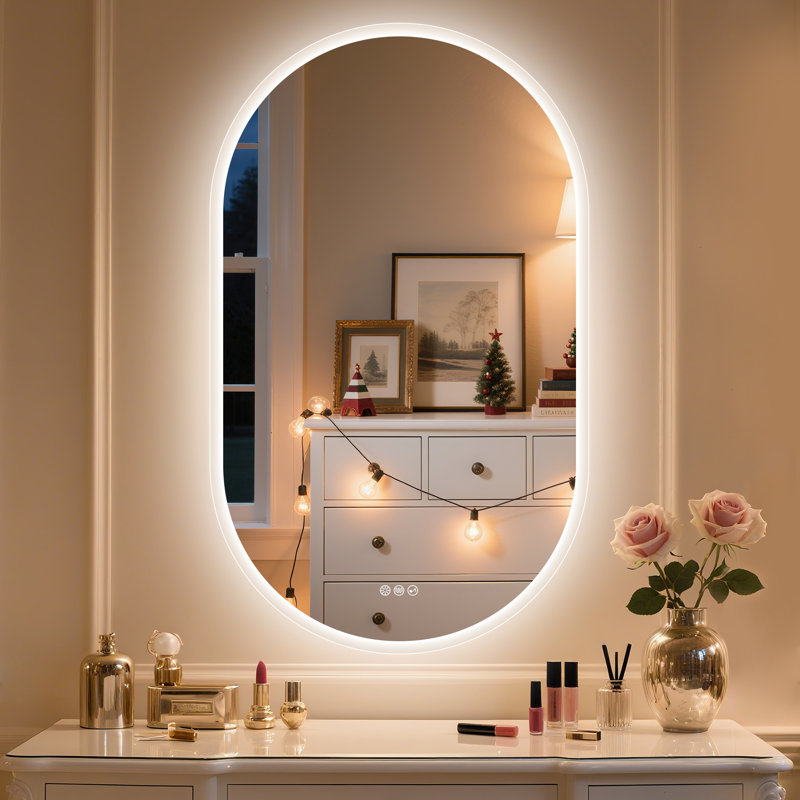 Ahmiyah Oval LED-Bathroom-Mirror/ Anti-Fog/ Dimmable/ Color Changing/ Bluetooth/ Tempered glass, 40" x 24"