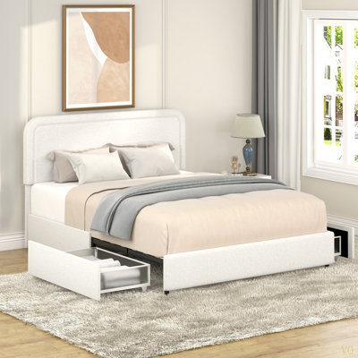 Lit plateforme tapissier à 2 tiroirs avec grand lit, tête de lit capitonnée surpiquée, support de matelas à lattes en bois, aucun sommier requis