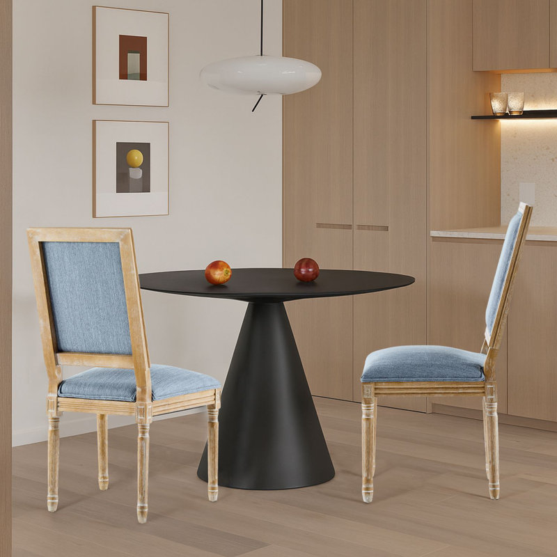 Ensemble de 2 chaises de salle à manger rembourrées avec pieds en bois d'hévéa, Bleu ardoise, Bois naturel