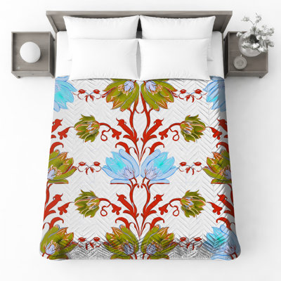 Blue Green Floral Pattern Quilted Bedspread All Sizes