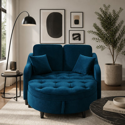 Canapé deux places avec repose-pieds incurvé avec rangement et port USB, dossier réglable et poches latérales, livré avec deux petits coussins décoratifs, idéal pour le salon, bleu