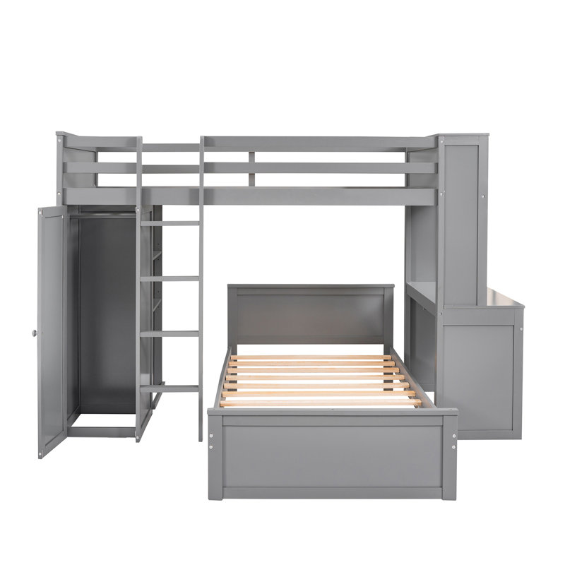 Lit mezzanine simple avec lit autonome, tablettes, bureau et garde-robe gris, Gris, Lit simple