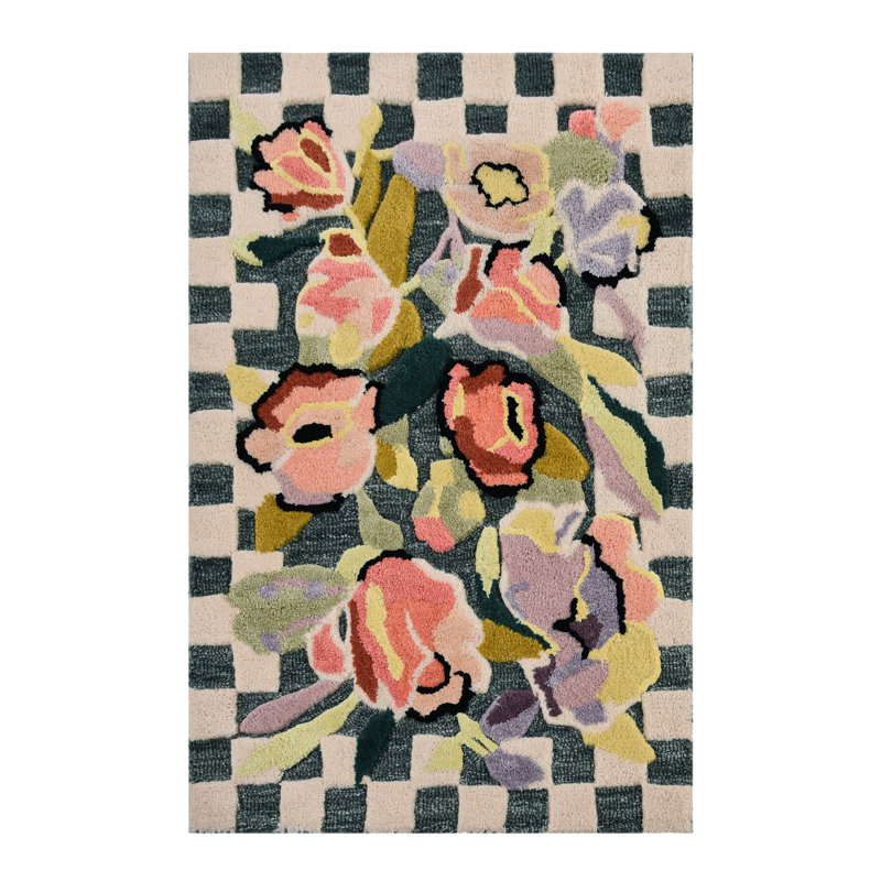 Ranunculus And Checks Rug, Rectangle 3' x 5'