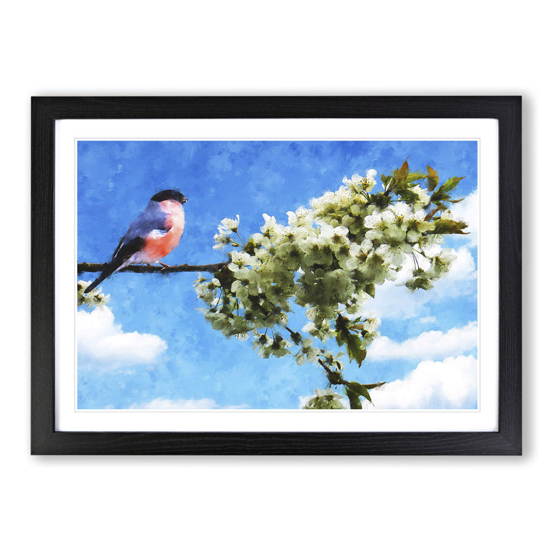 Bullfinch Bird on a Tree - Picture Frame Painting, Black Framed, 27cm H x 36cm W x 2cm D