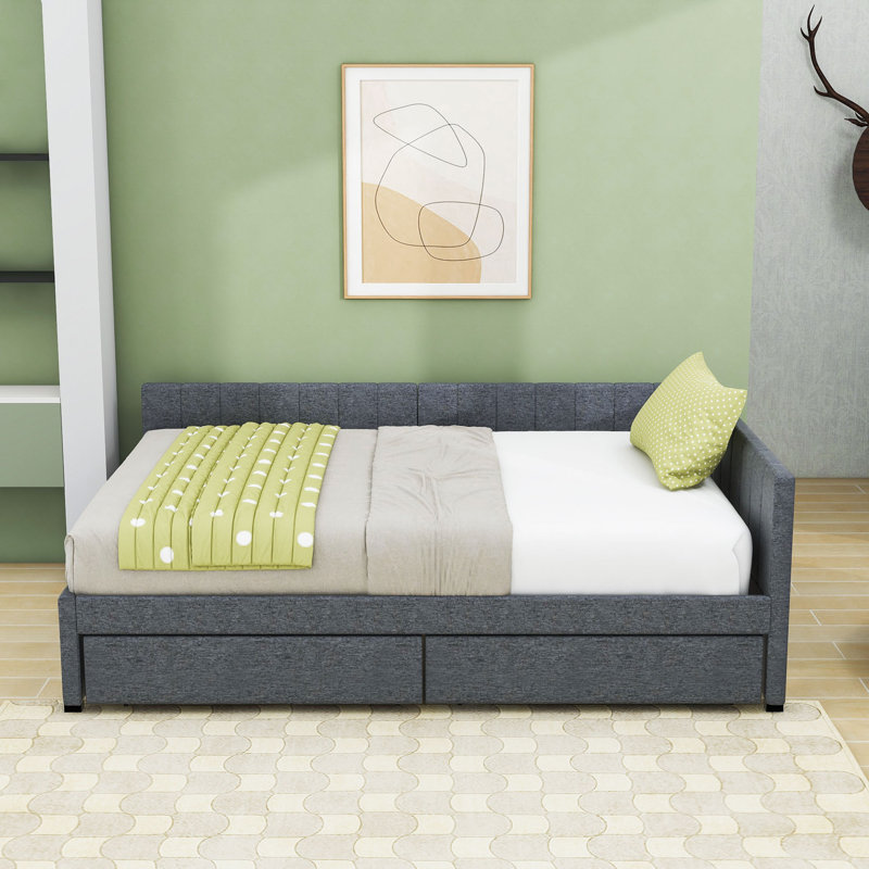 2 Drawers Full Upholstered Daybed, Semi-Closed Design, Gray