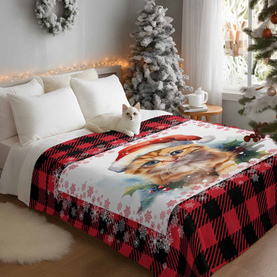 Plaid polaire 152 x 203 cm, motif de chat mignon et flocons de neige de Noël, carreaux rouges, doux et léger, style peinture à l'huile, couverture moelleuse pour canapé, idéale en toute saison. De plus, un sac fourre-tout en toile avec un chat et un chapeau de Noël vous est offert.