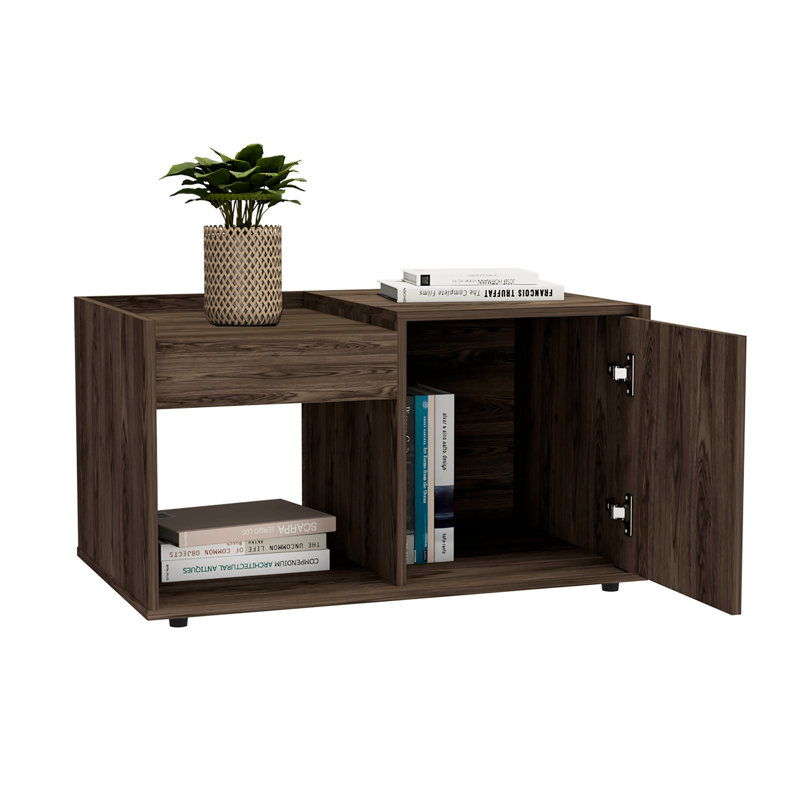 Table basse, une tablette ouverte, armoire à une porte, noyer foncé