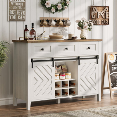 Rustic Farmhouse Sideboard Buffet Cabinet, Features Sliding Barn Door, Three Spacious Drawers