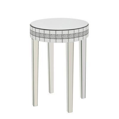 Round Mirror Accent Table, with Mirror Glass Tabletop with Bling Crushed Diamond Edge Frame and Crystal Mirror Legs. End Table for Living Room, Bedroom, Coffee, Entryway