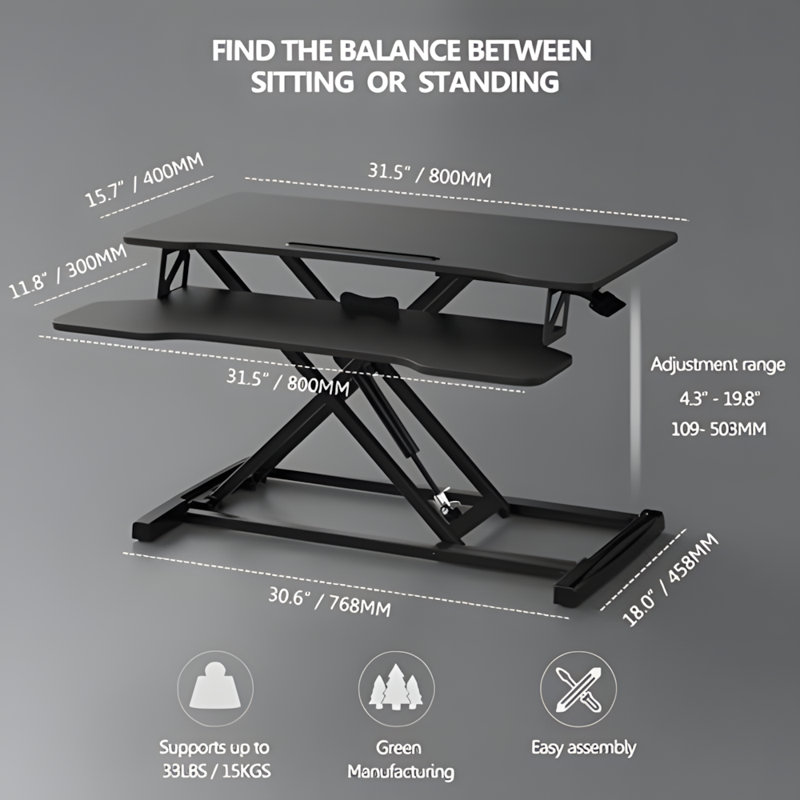 Height Adjustable Standing Desk Converter With Dual Gas Spring, Spacious Workstation For Dual Monitors And Laptops, Sturdy Sit To Stand Desk
