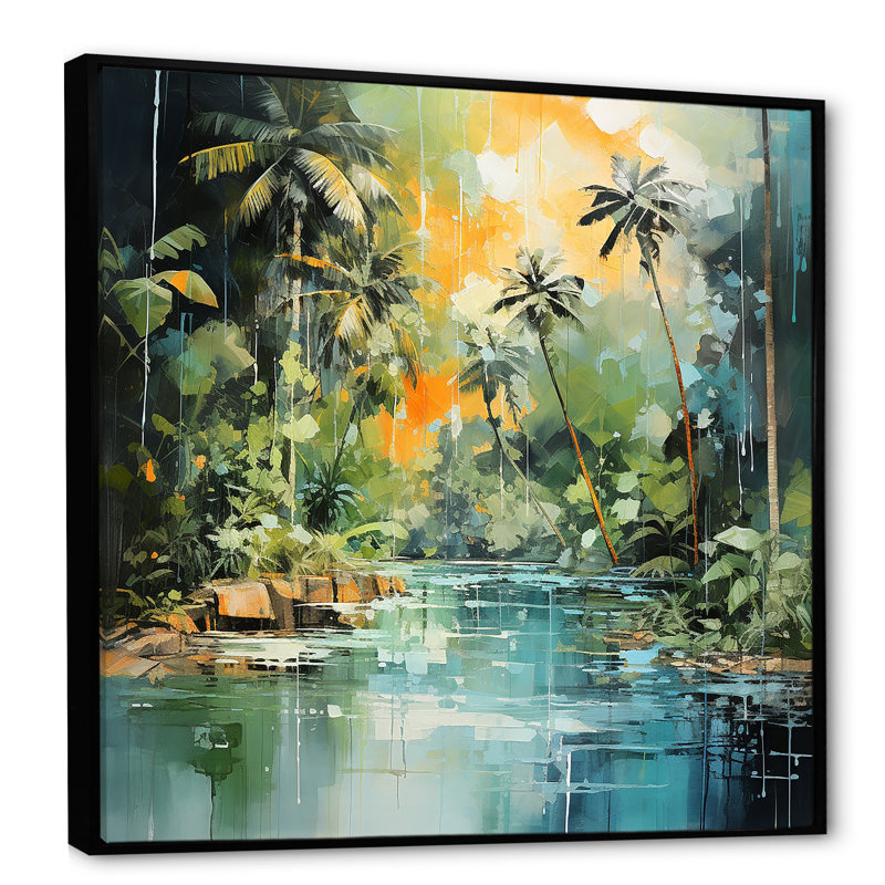 Tropical Jungle River I - art mural côtier tropical, Cadre flottant noir, H 36 po x l 36 po x P 1,5 po
