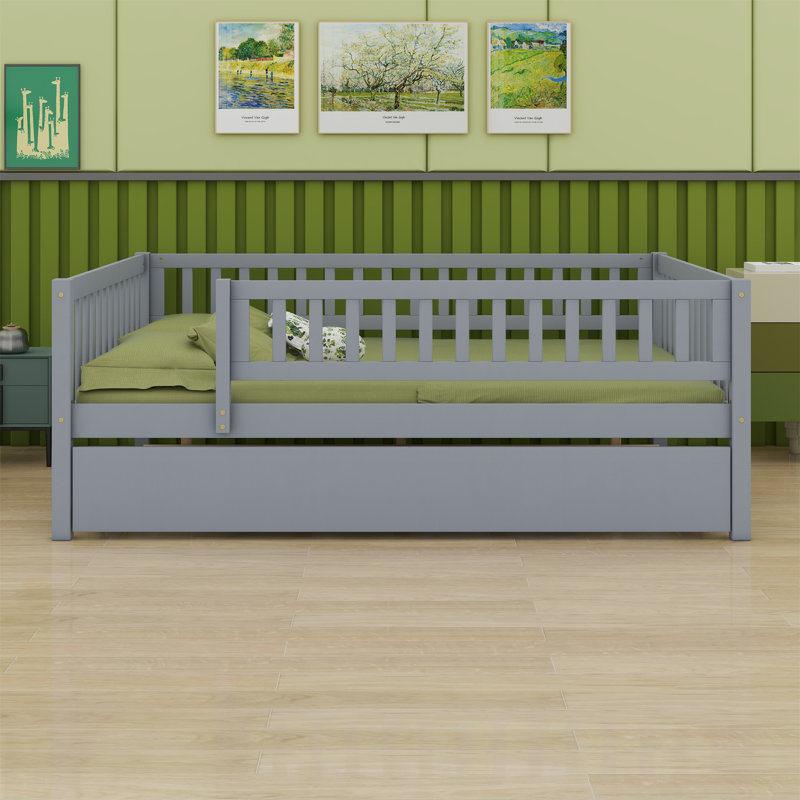 Wood Daybed With Trundle And Fence Guardrails, Gray