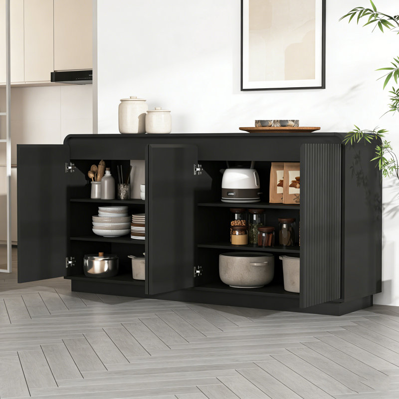 Black 4-Door Fluted TV Stand With Power Outlet, Handleless Wave Design, Black