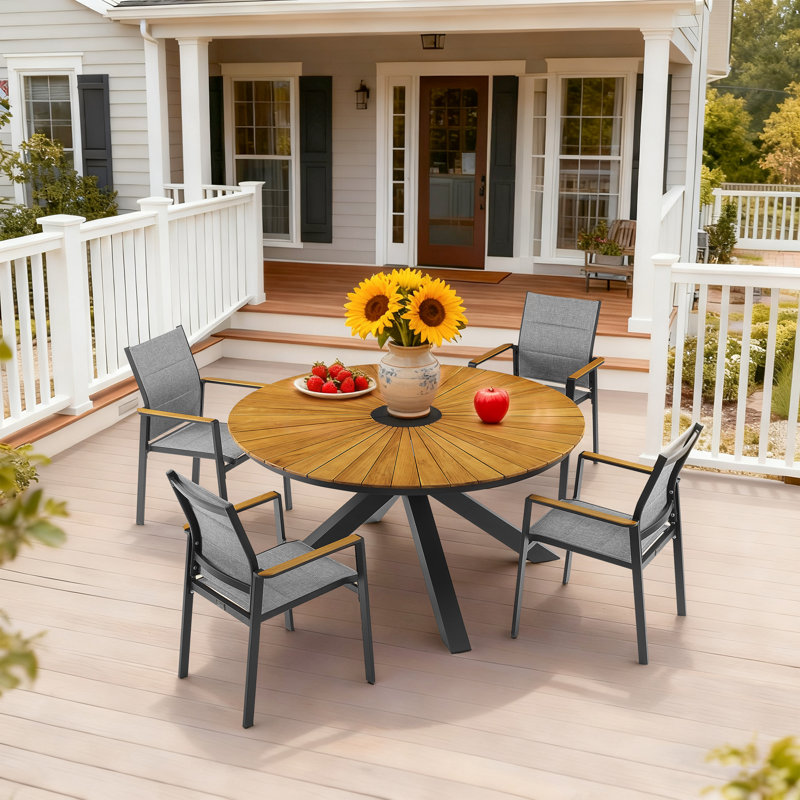 Patio Aluminum Round Dining Set With Teak Wood Tabletop And Stackable Sling Dining Chairs, 4