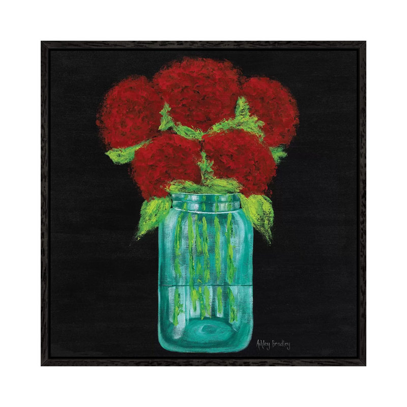 Red Hydrangeas In Mason Jar by Ashley Bradley - Print on Canvas, Black Framed, 93.98 cm H x 93.98 cm W