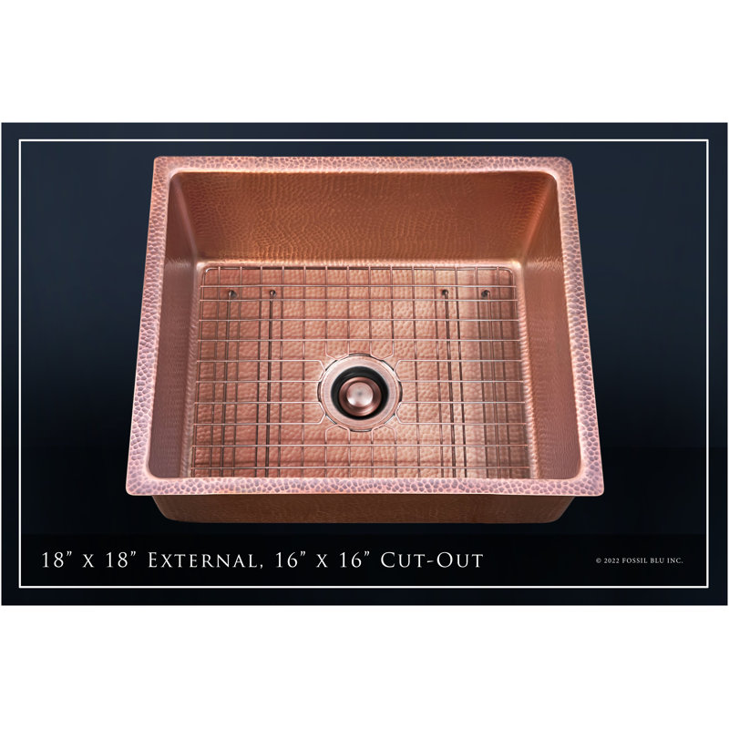 Fossil Blu Luxury 18" 12-Gauge Hammered Copper Undermount/Drop-In Sink, Medium Patina, Incl Accs