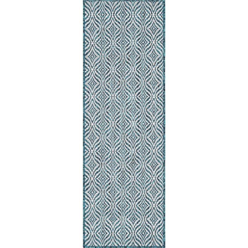 Tapis intérieur / extérieur bleu sarcelle / ivoire Locust Grove, Tapis de couloir 2 pi x 6 pi 1 po