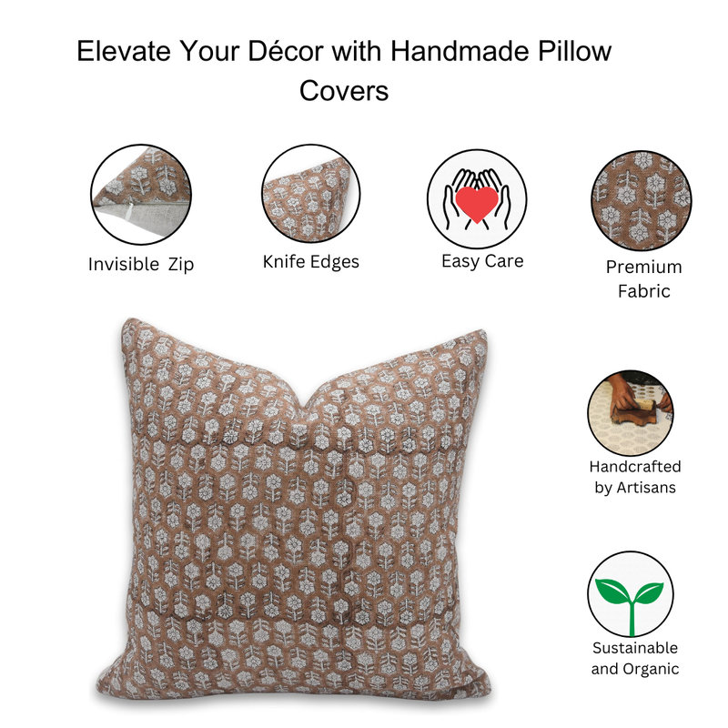 Linen Pillow Cover, Brown/White Floral 2, 14"H x 14"W, Square