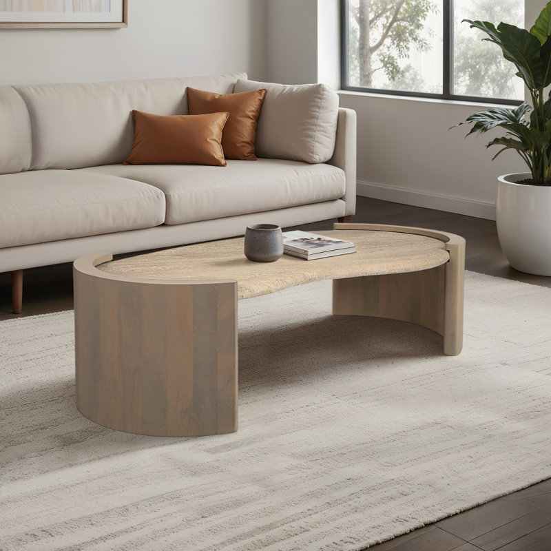 Coffee Table with Travertine Top and Light Wood Base, Living Room Table with Organic Modern Design, 57"
