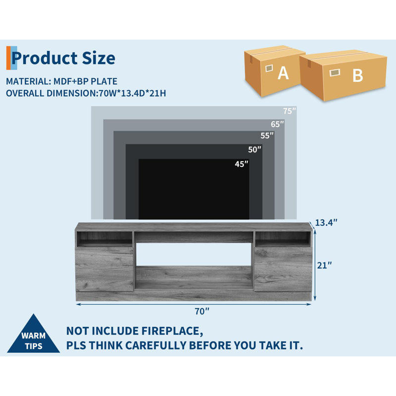 Modern TV Stand for TVs Up to 75", Entertainment Center with Storage Cabinets, 2 Open Shelves, Space for 35" Electric Fireplace Insert, Tool-Free Assembly(Fireplaces NOT Included)