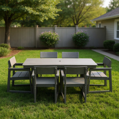 7 Outdoor Dining For 6 Grey Weather- Patio Table With Umbrella Hole And Armrest Chairs, Modern Dining, Custom Build Seating Great Poolside Deck,