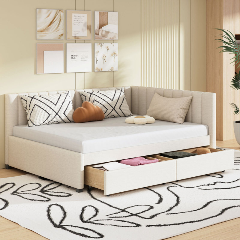 Lit de jour rembourré, base de lit avec 2 tiroirs de rangement, Beige